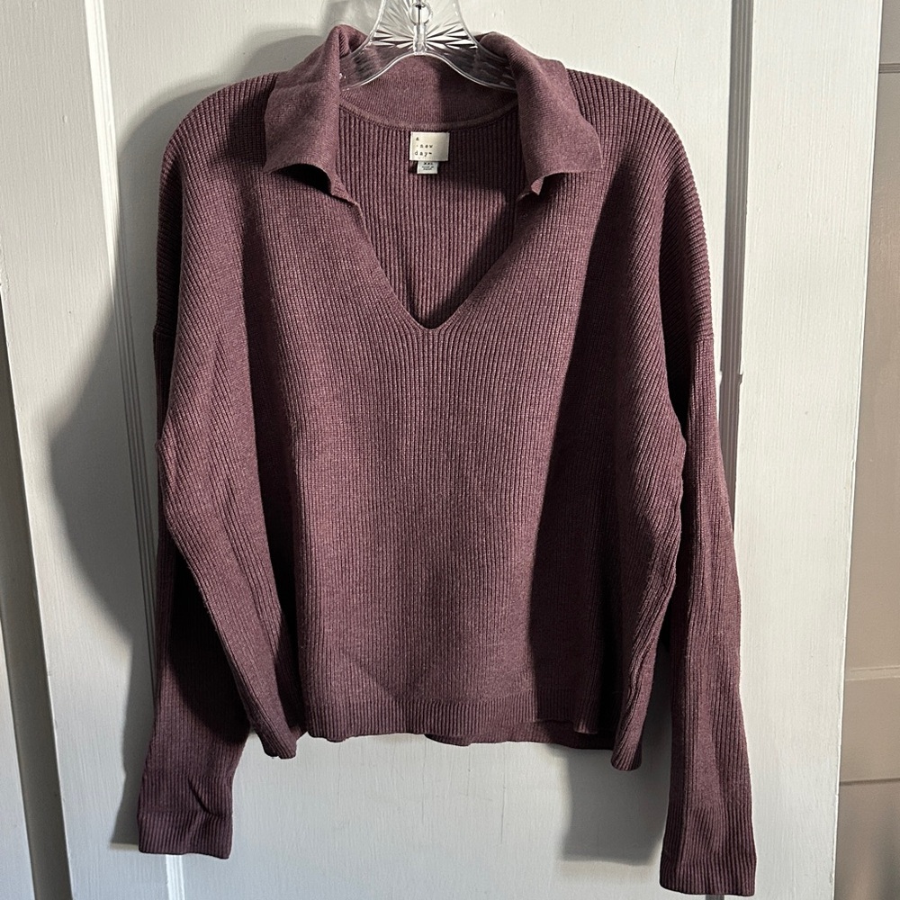 a new day Women’s Mauve Plum Ribbed Knit V-Neck Collared Sweater XXL Plus